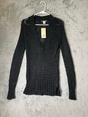 Vintage Unionbay Large Charcoal Gray Chunky Knit V Neck Sweater Ramie Blend New